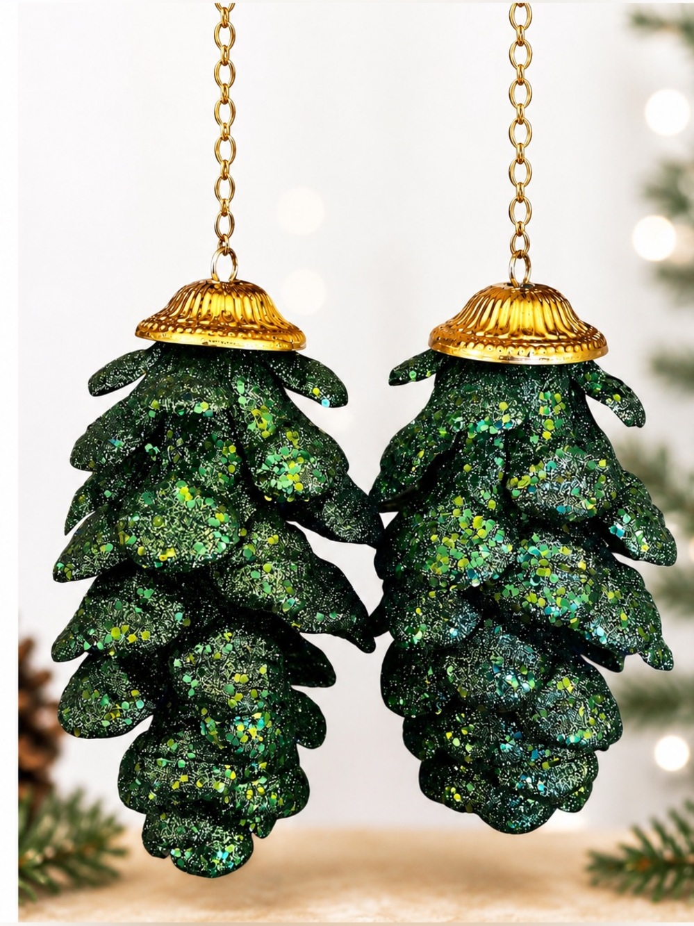 Vintage XL Glitter Pinecone Ornaments Gold Cap & Chain Set of 2 Christmas Decor
